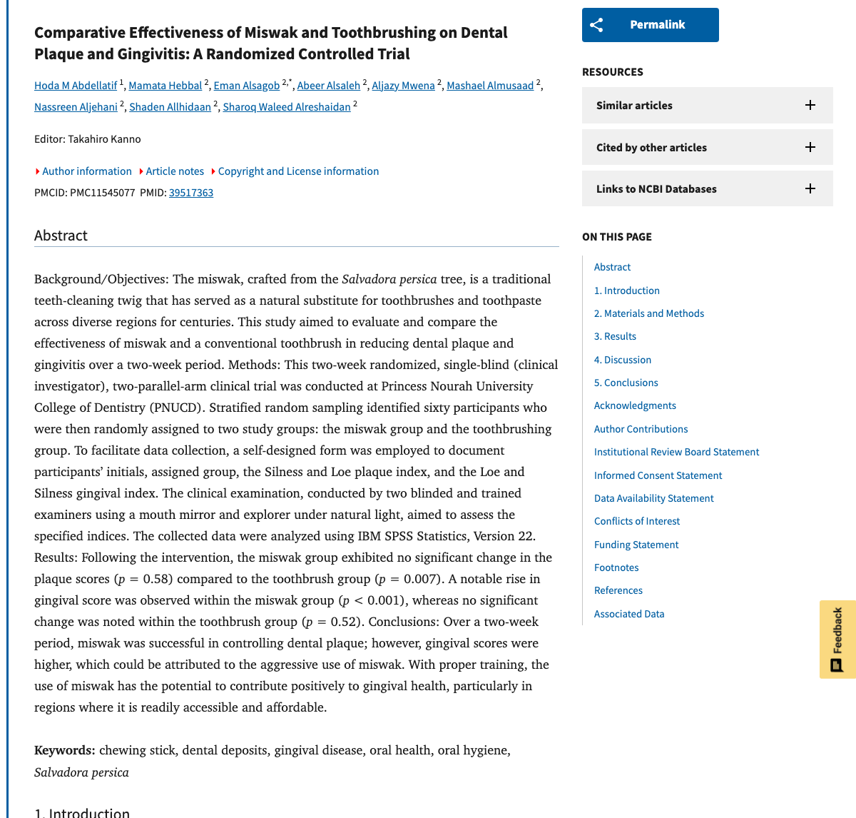 Title and abstract of Comparative Effectiveness of Miswak and Toothbrushing on Dental Plaque and Gingivitis: A Randomized Controlled Trial.