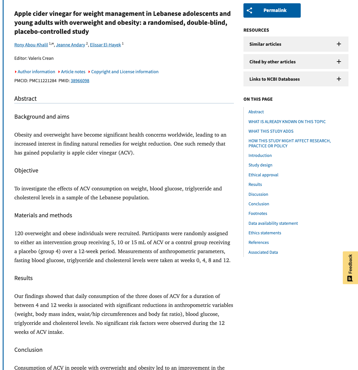Title and abstract of Apple cider vinegar for weight management in Lebanese adolescents and young adults with overweight and obesity: a randomised, double-blind, placebo-controlled study.