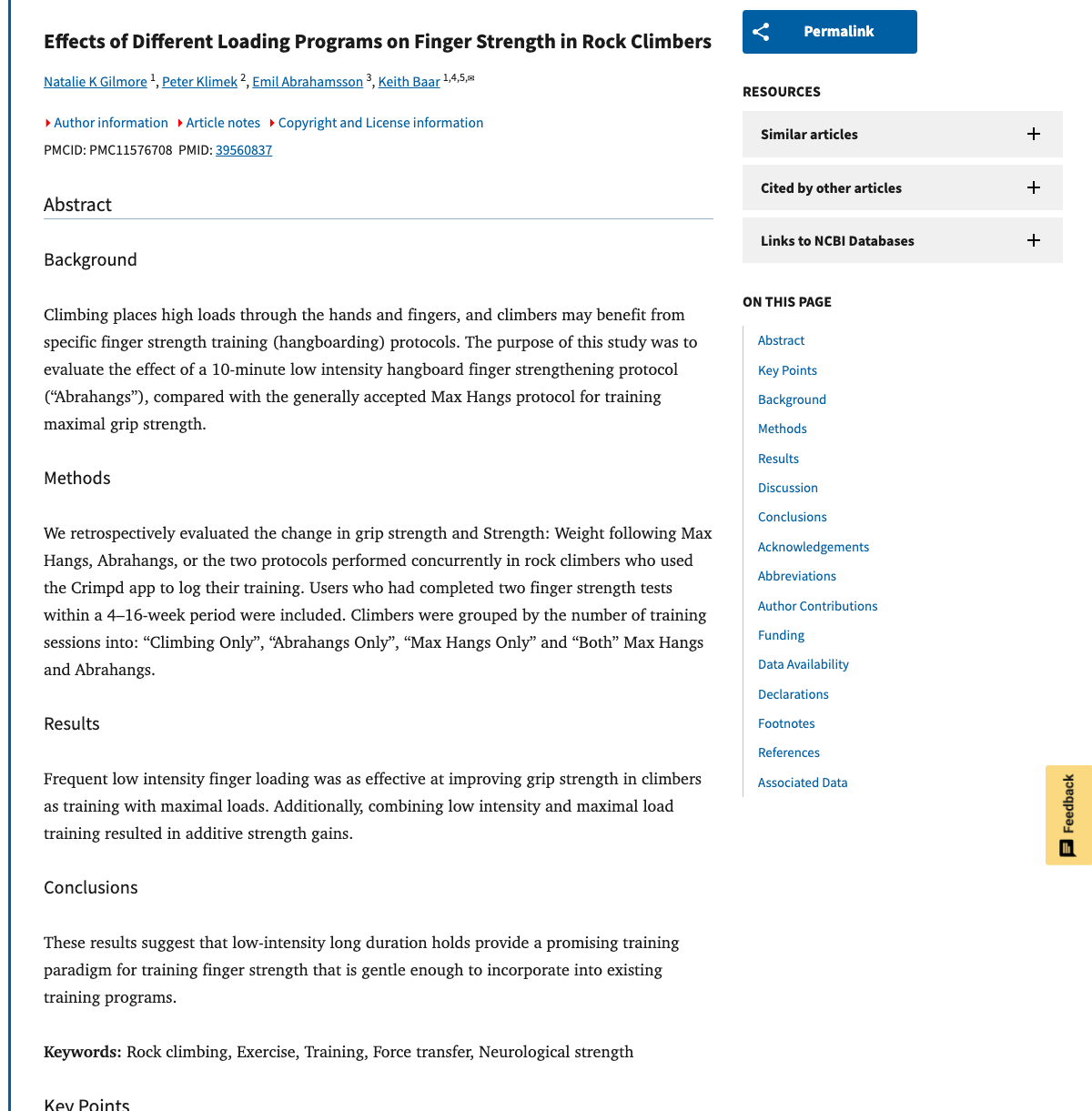 Title and abstract of Effects of Different Loading Programs on Finger Strength in Rock Climbers