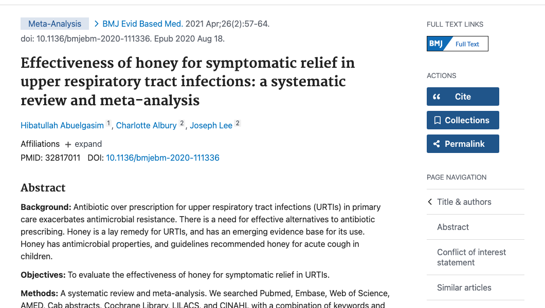 Title and abstract of Effectiveness of honey for symptomatic relief in upper respiratory tract infections: a systematic review and meta-analysis.
