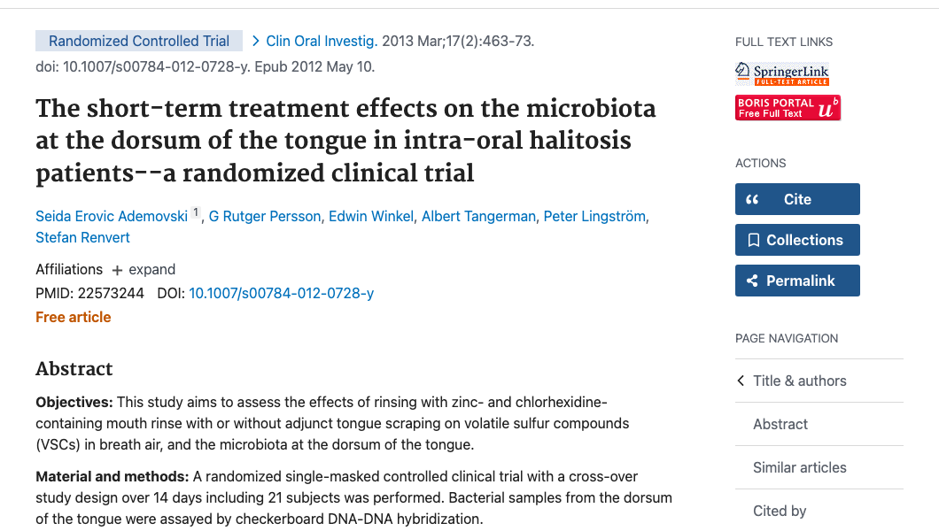 Title and abstract of The short-term treatment effects on the microbiota at the dorsum of the tongue in intra-oral halitosis patients--a randomized clinical trial.