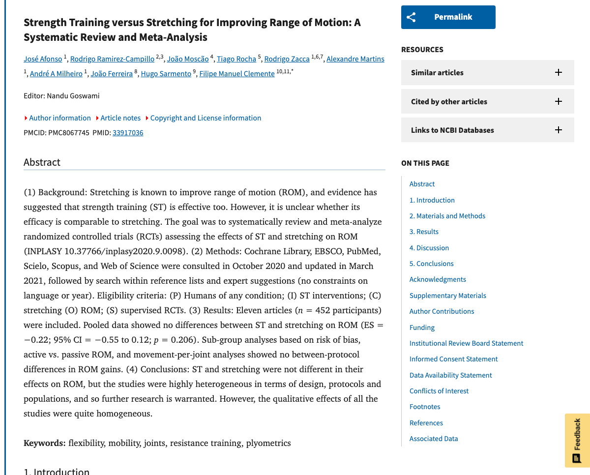 Title and abstract of Strength Training versus Stretching for Improving Range of Motion: A Systematic Review and Meta-Analysis.