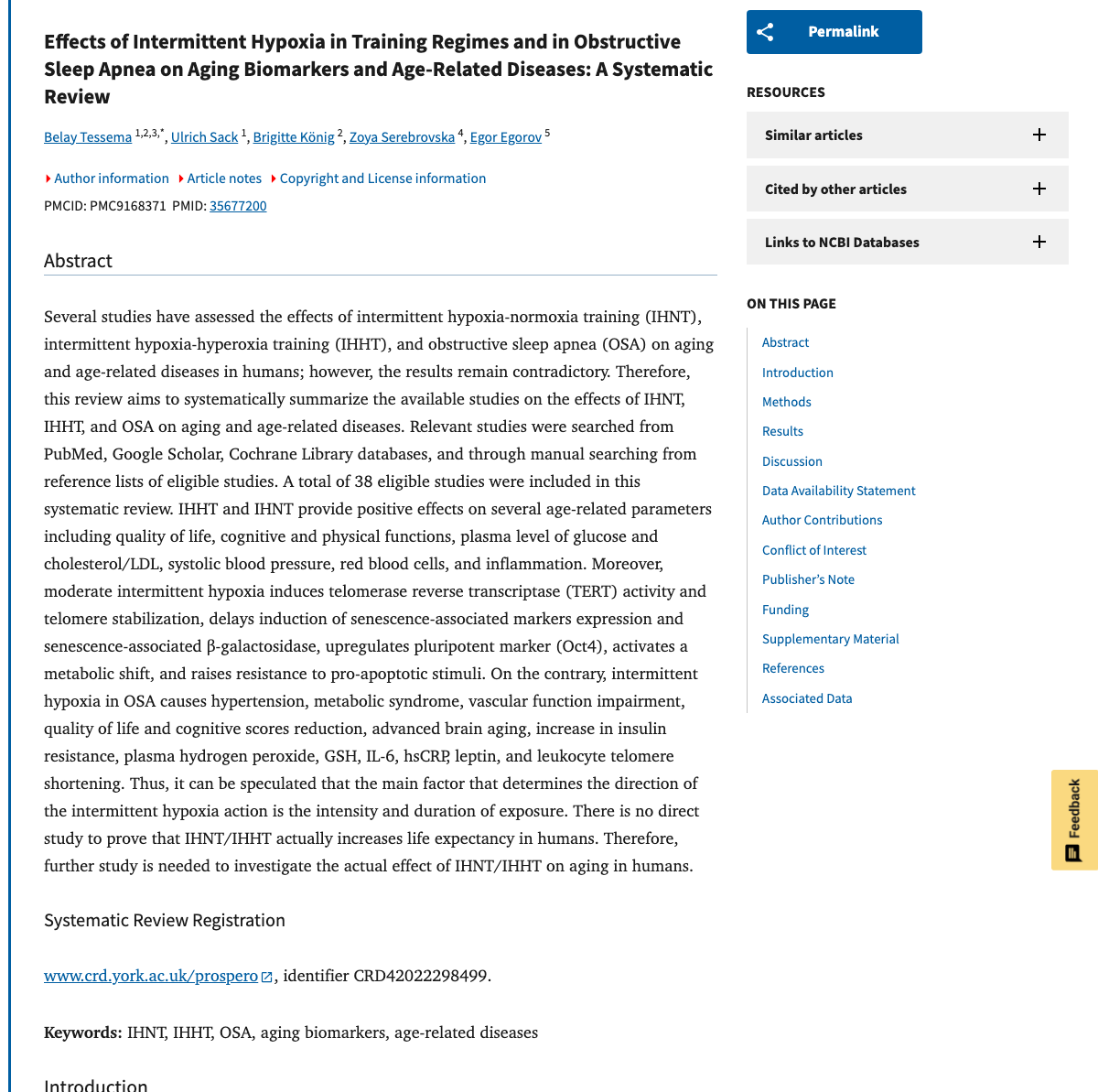 Title and abstract of Effects of Intermittent Hypoxia in Training Regimes and in Obstructive Sleep Apnea on Aging Biomarkers and Age-Related Diseases: A Systematic Review