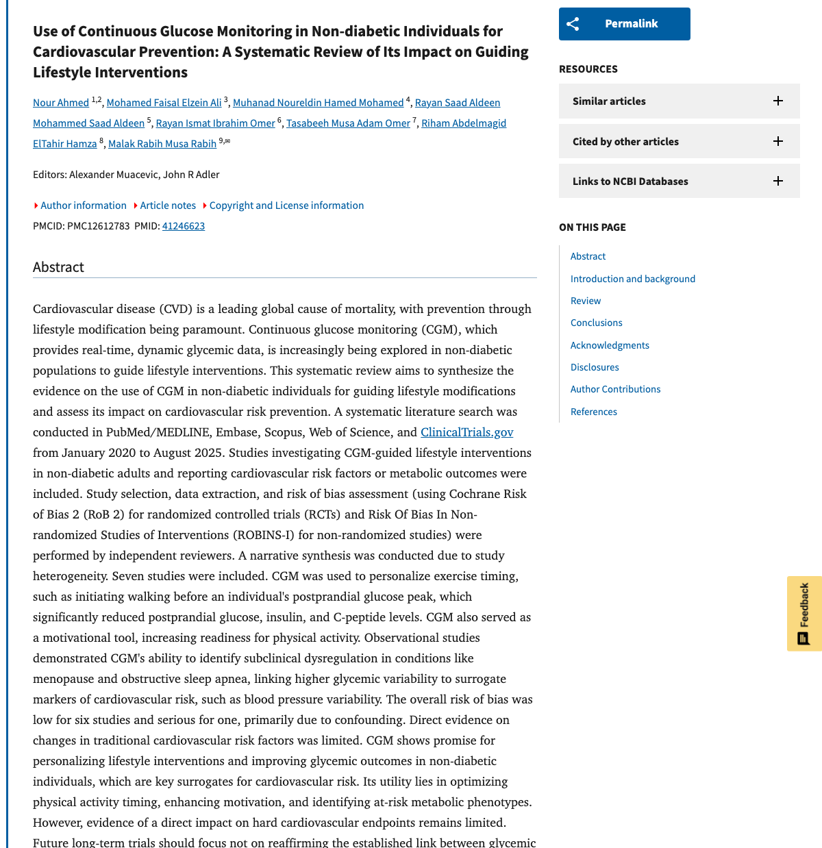 Title and abstract of Use of Continuous Glucose Monitoring in Non-diabetic Individuals for Cardiovascular Prevention: A Systematic Review of Its Impact on Guiding Lifestyle Interventions.