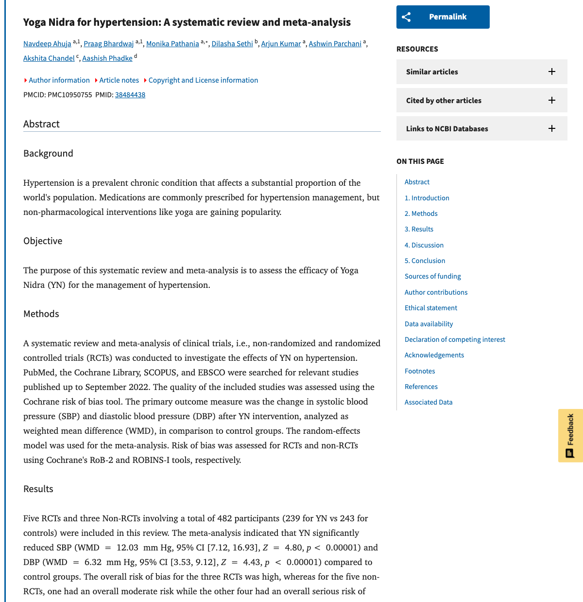 Title and abstract of Yoga Nidra for hypertension: A systematic review and meta-analysis.