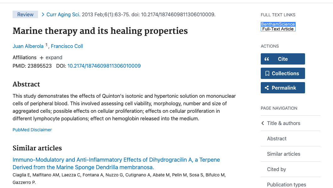 Title and abstract of Marine Therapy and Its Healing Properties