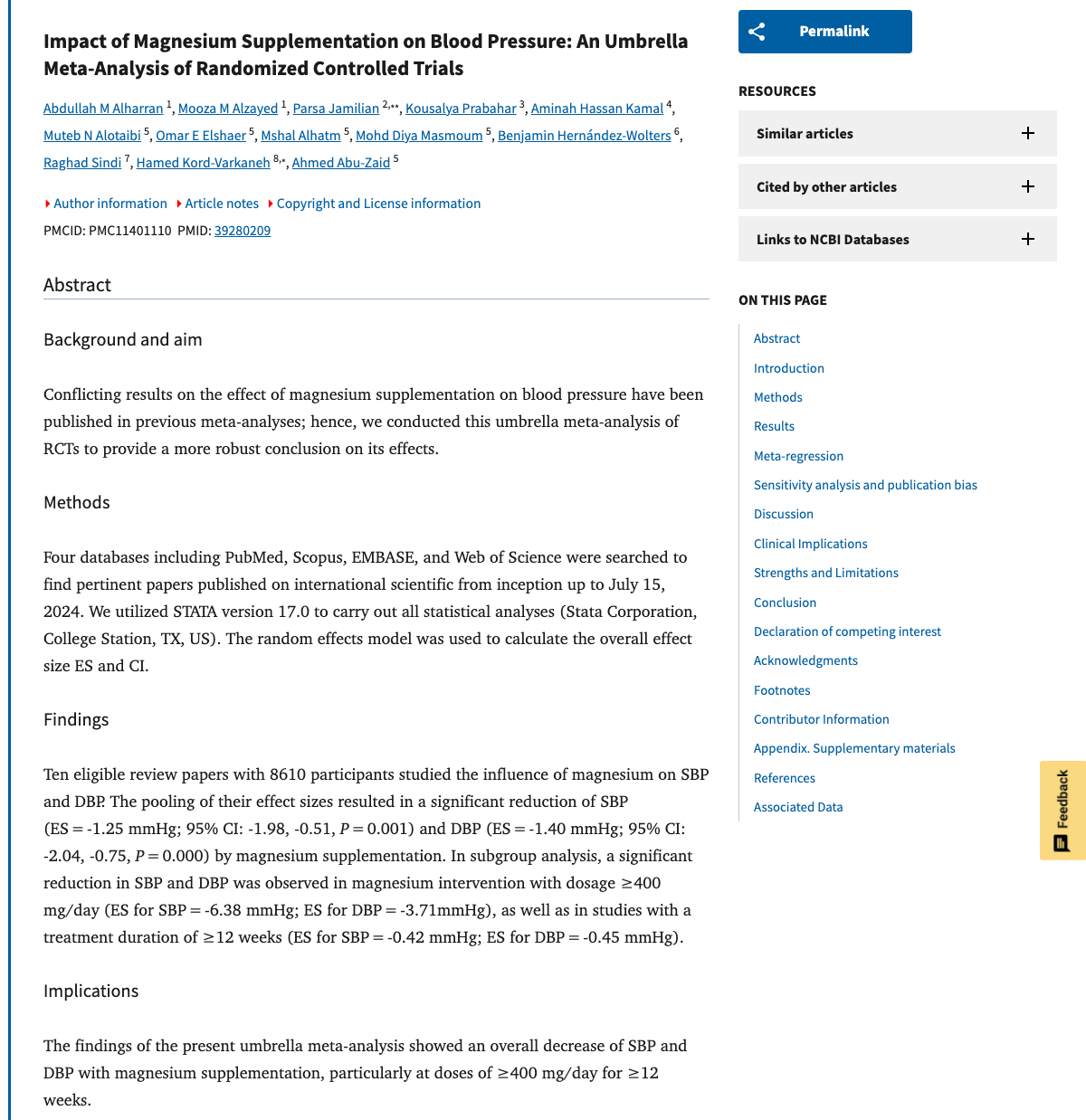 Title and abstract of Impact of Magnesium Supplementation on Blood Pressure: An Umbrella Meta-Analysis of Randomized Controlled Trials.