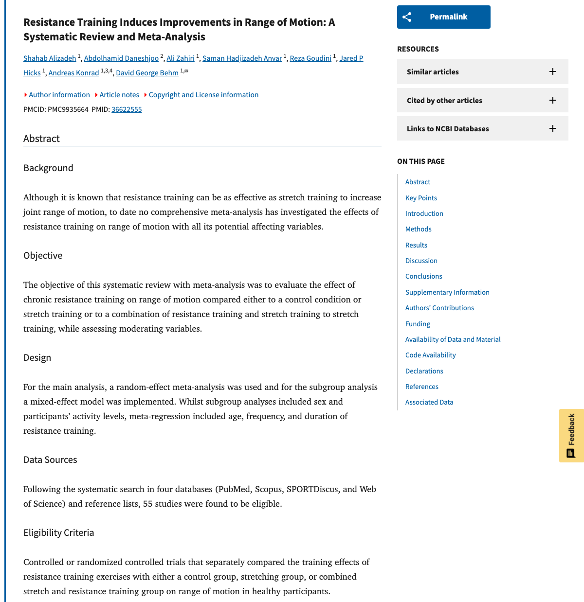 Title and abstract of Resistance Training Induces Improvements in Range of Motion: A Systematic Review and Meta-Analysis.