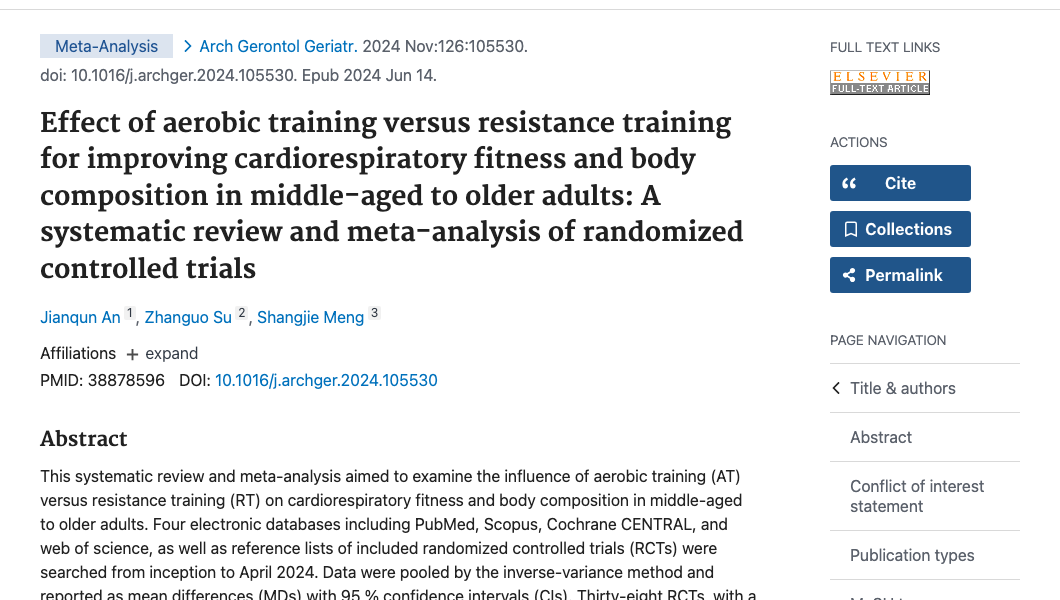 Title and abstract of Effect of aerobic training versus resistance training for improving cardiorespiratory fitness and body composition in middle-aged to older adults: A systematic review and meta-analysis of randomized controlled trials.