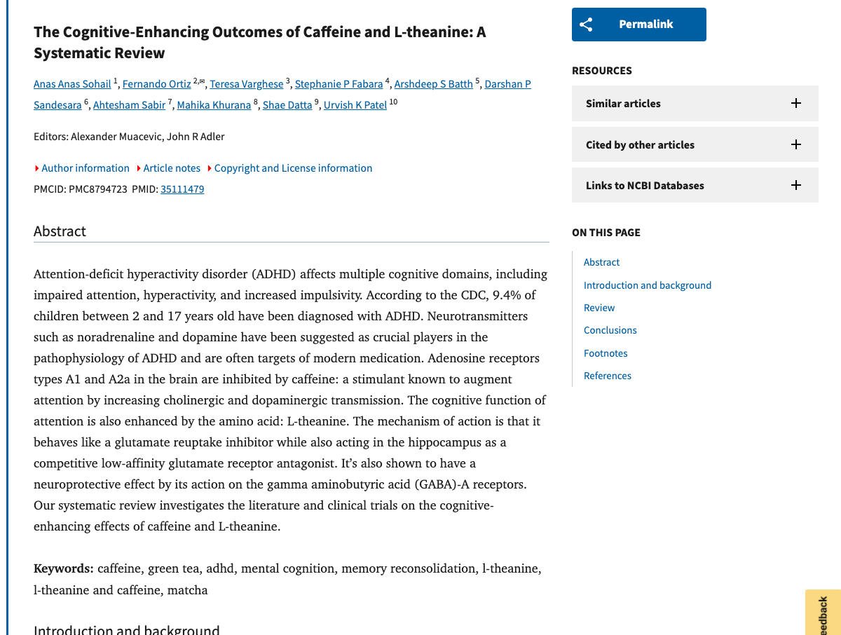 Title and abstract of The Cognitive-Enhancing Outcomes of Caffeine and L-theanine: A Systematic Review