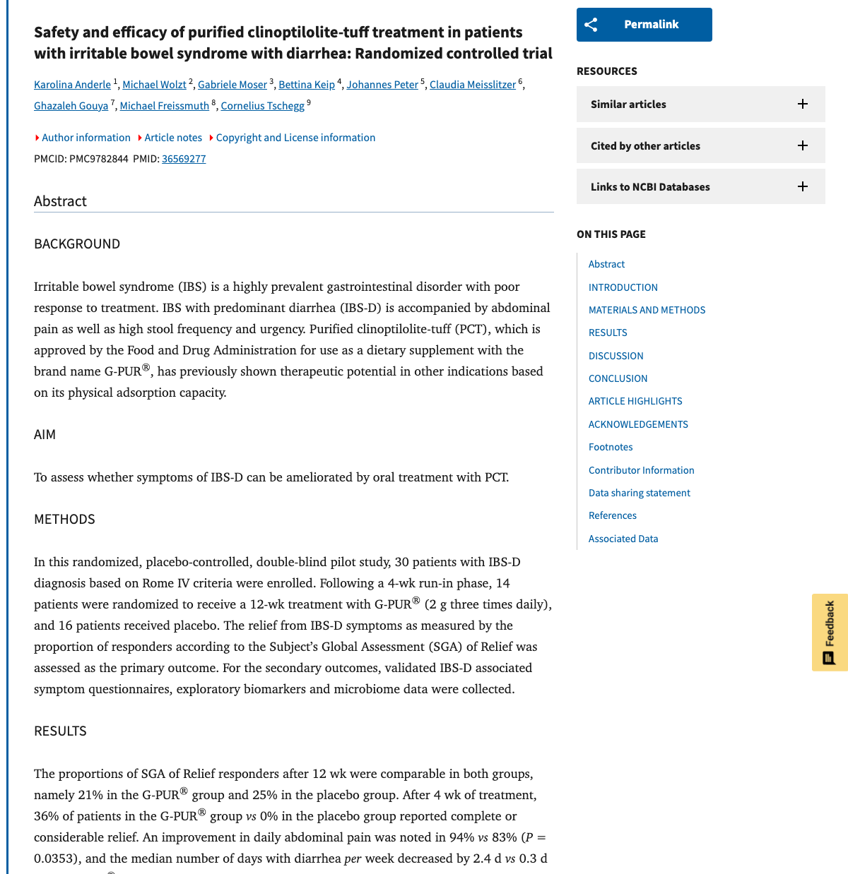 Title and abstract of Safety and efficacy of purified clinoptilolite-tuff treatment in patients with irritable bowel syndrome with diarrhea: Randomized controlled trial.