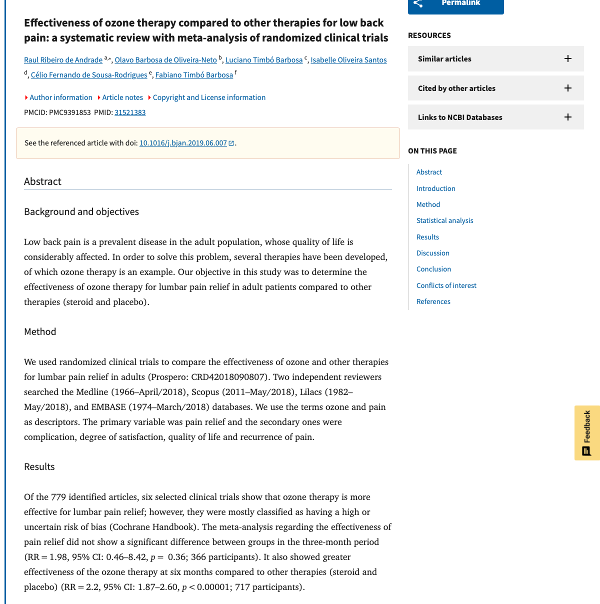 Title and abstract of [Effectiveness of ozone therapy compared to other therapies for low back pain: a systematic review with meta-analysis of randomized clinical trials].