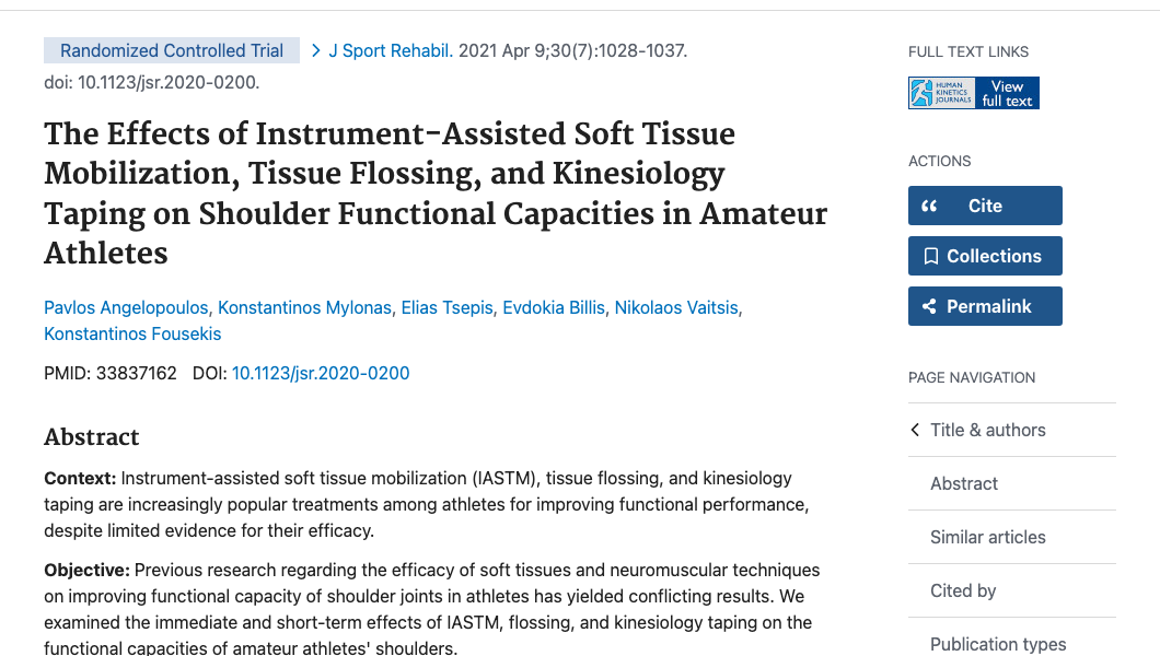 Title and abstract of The Effects of Instrument-Assisted Soft Tissue Mobilization, Tissue Flossing, and Kinesiology Taping on Shoulder Functional Capacities in Amateur Athletes