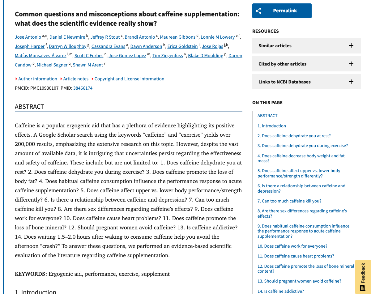 Title and abstract of Common questions and misconceptions about caffeine supplementation: what does the scientific evidence really show?