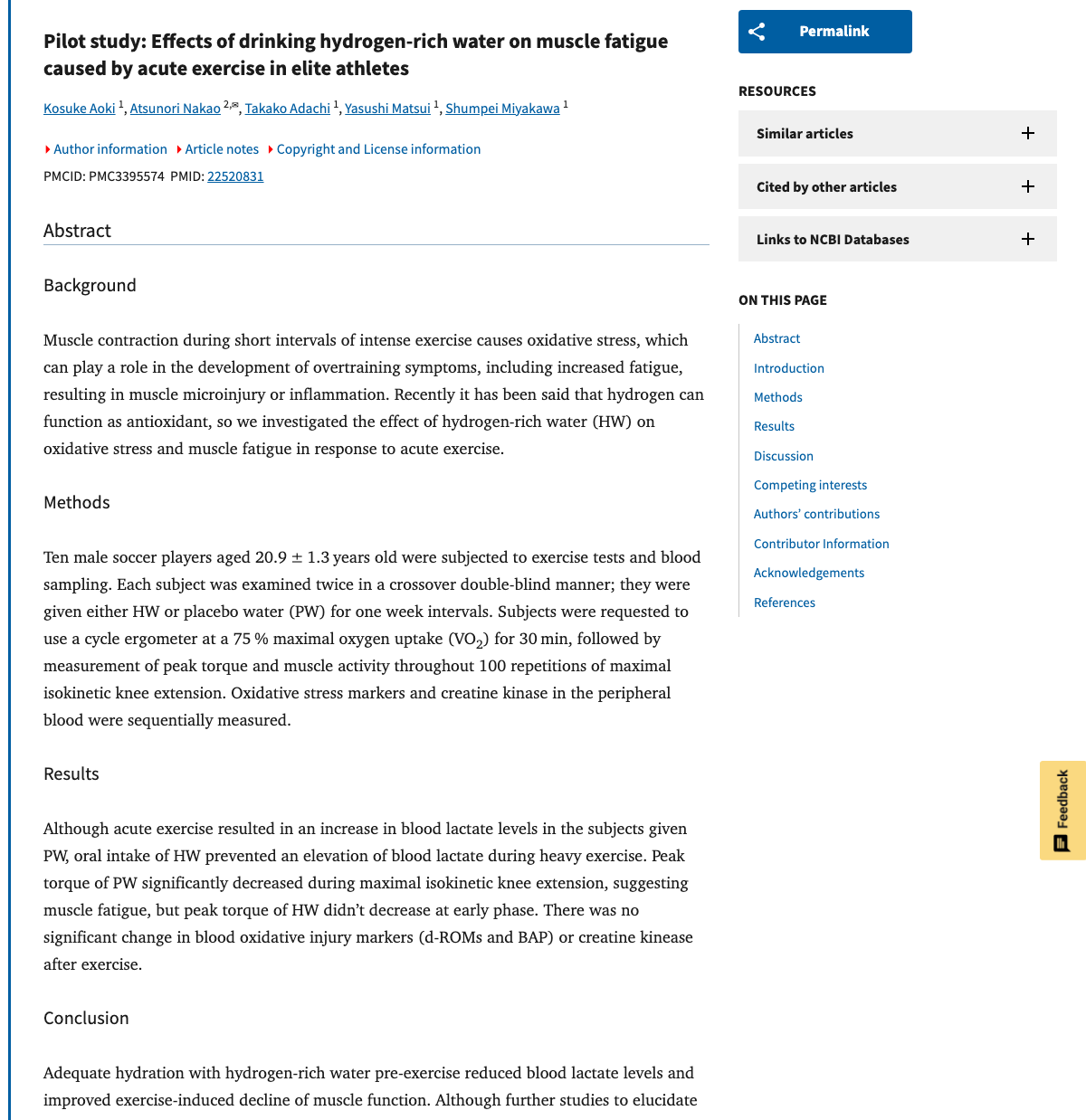 Title and abstract of Pilot study: effects of drinking hydrogen-rich water on muscle fatigue caused by acute exercise in elite athletes