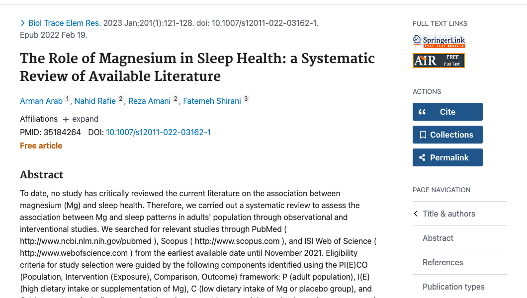 Title and abstract of The Role of Magnesium in Sleep Health: a Systematic Review of Available Literature.
