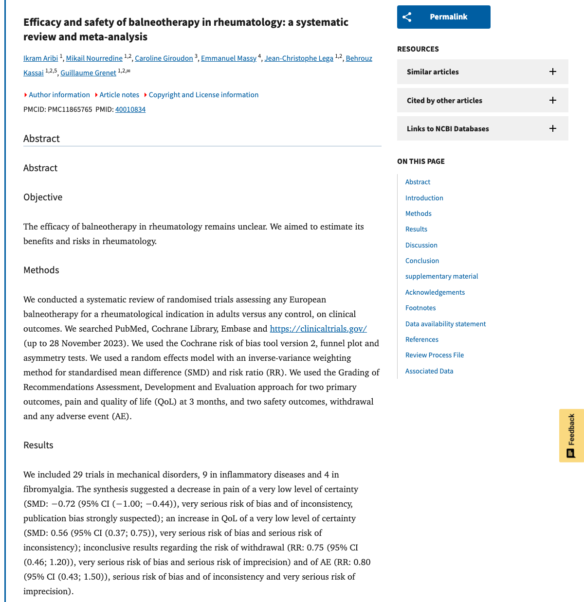 Title and abstract of Efficacy and safety of balneotherapy in rheumatology: a systematic review and meta-analysis.