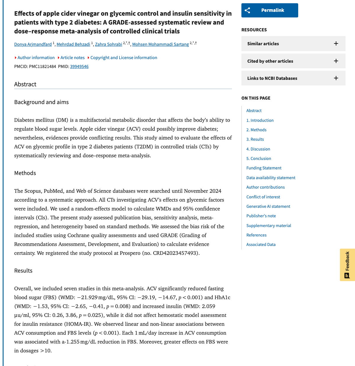 Title and abstract of Effects of apple cider vinegar on glycemic control and insulin sensitivity in patients with type 2 diabetes: A GRADE-assessed systematic review and dose-response meta-analysis of controlled clinical trials
