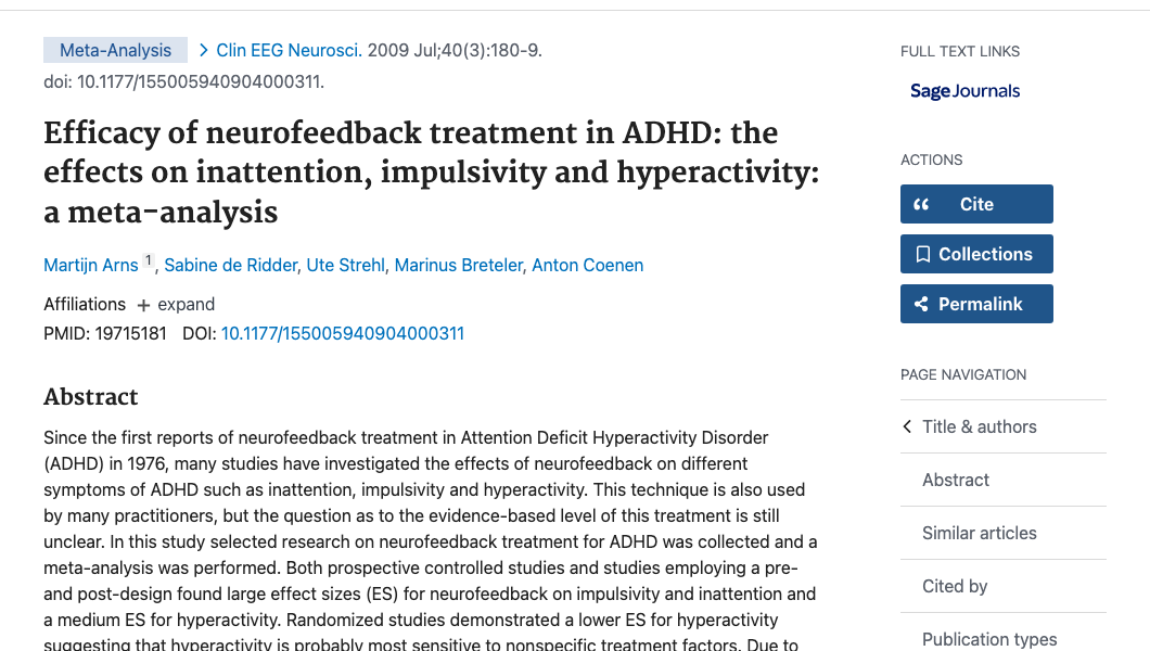 Title and abstract of Efficacy of Neurofeedback Treatment in ADHD: The Effects on Inattention, Impulsivity and Hyperactivity: A Meta-Analysis