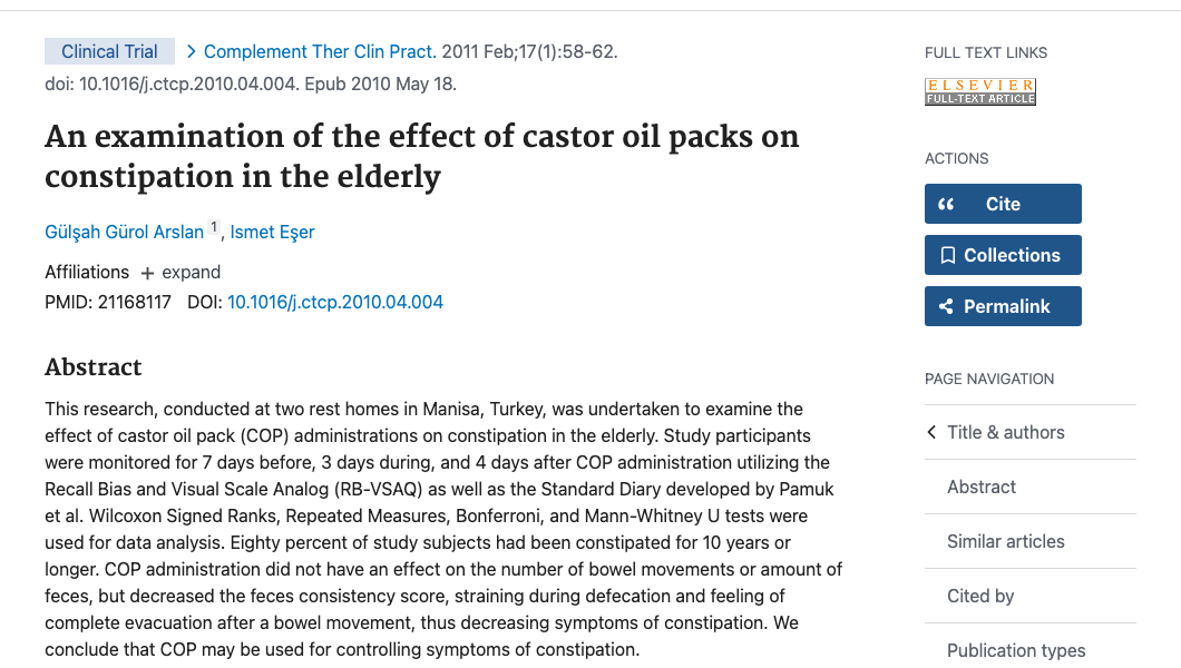 Title and abstract of An examination of the effect of castor oil packs on constipation in the elderly