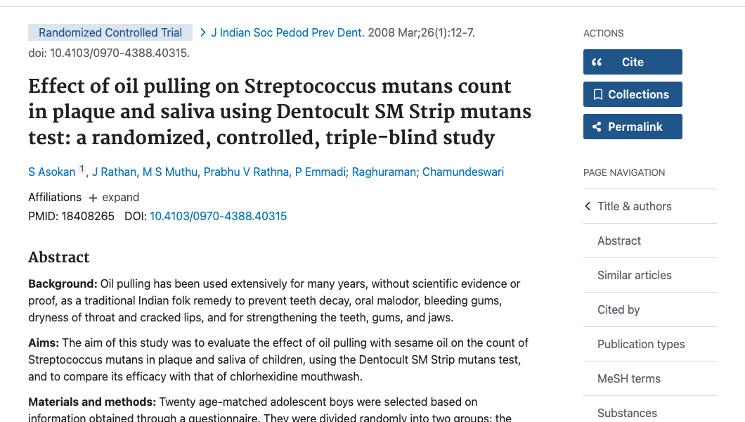 Title and abstract of Effect of oil pulling on Streptococcus mutans count in plaque and saliva using Dentocult SM Strip mutans test: a randomized, controlled, triple-blind study