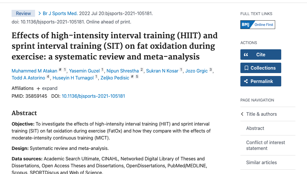 Title and abstract of Effects of high-intensity interval training (HIIT) and sprint interval training (SIT) on fat oxidation during exercise: a systematic review and meta-analysis.