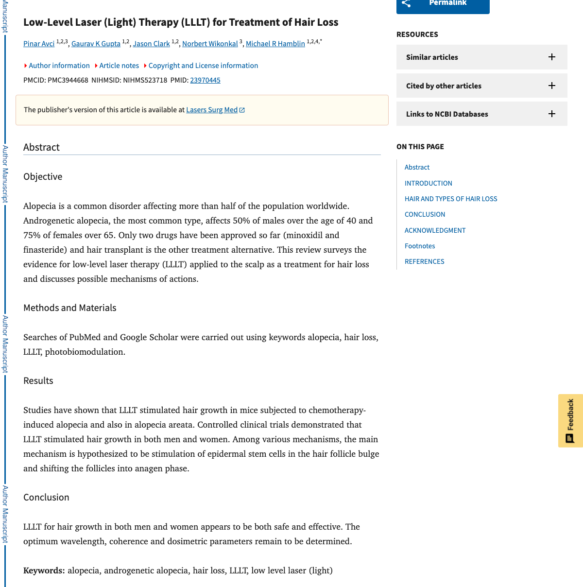 Title and abstract of Low-level laser (light) therapy (LLLT) for treatment of hair loss