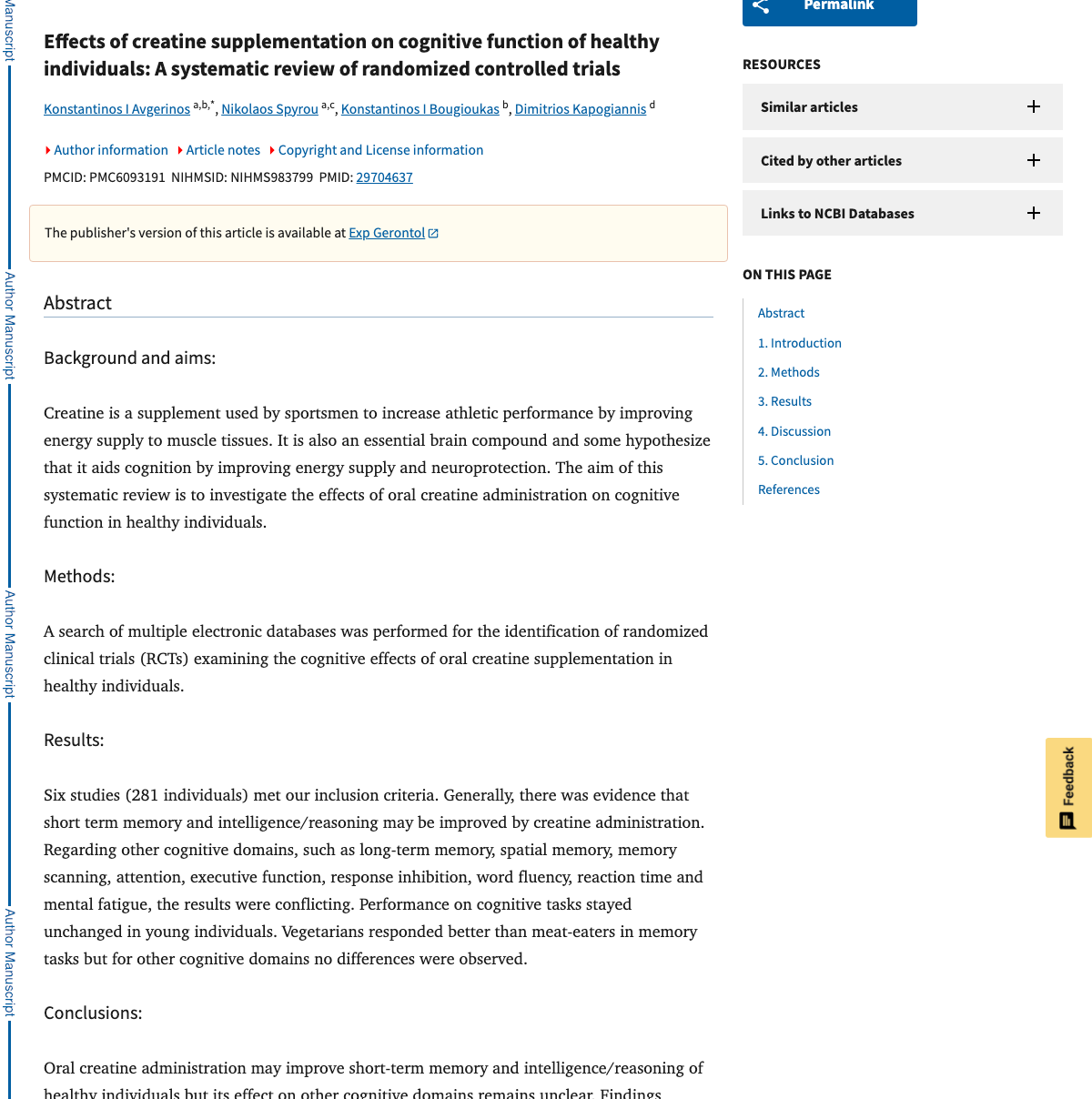Title and abstract of Effects of creatine supplementation on cognitive function of healthy individuals
