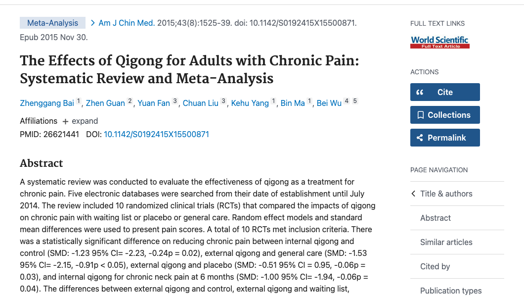 Title and abstract of The Effects of Qigong for Adults with Chronic Pain: Systematic Review and Meta-Analysis.