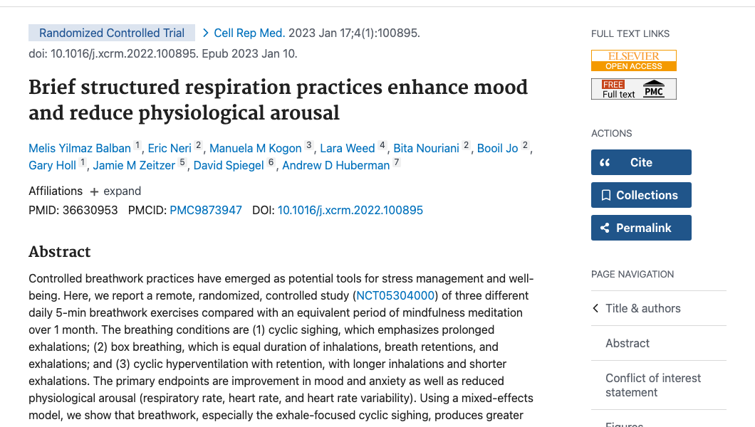 Title and abstract of Brief structured respiration practices enhance mood and reduce physiological arousal
