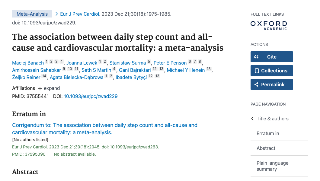 Title and abstract of The association between daily step count and all-cause and cardiovascular mortality: a meta-analysis.