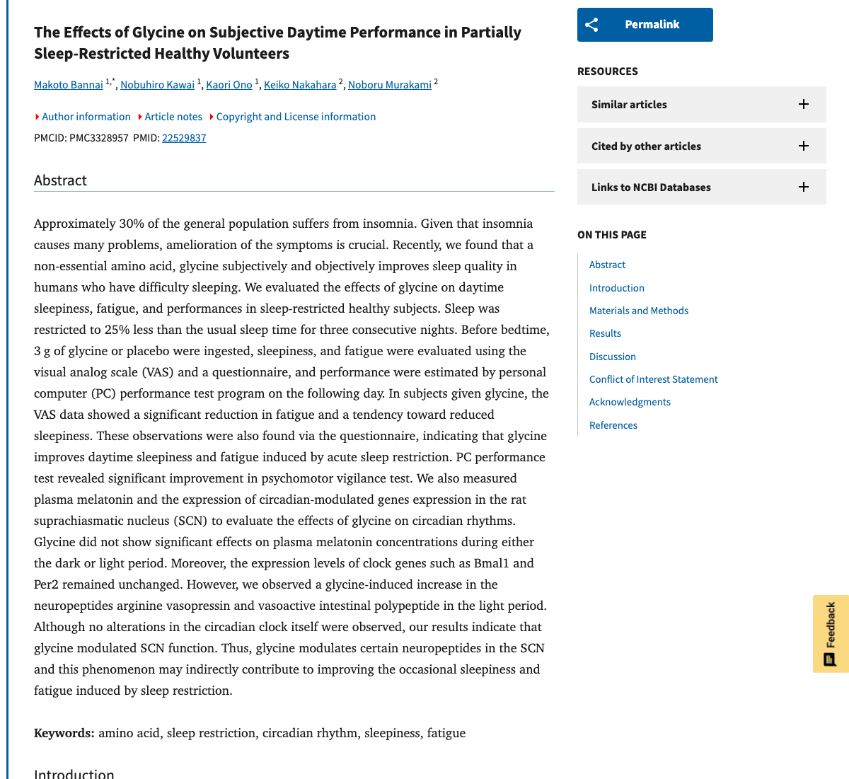 Title and abstract of The effects of glycine on subjective daytime performance in partially sleep-restricted healthy volunteers