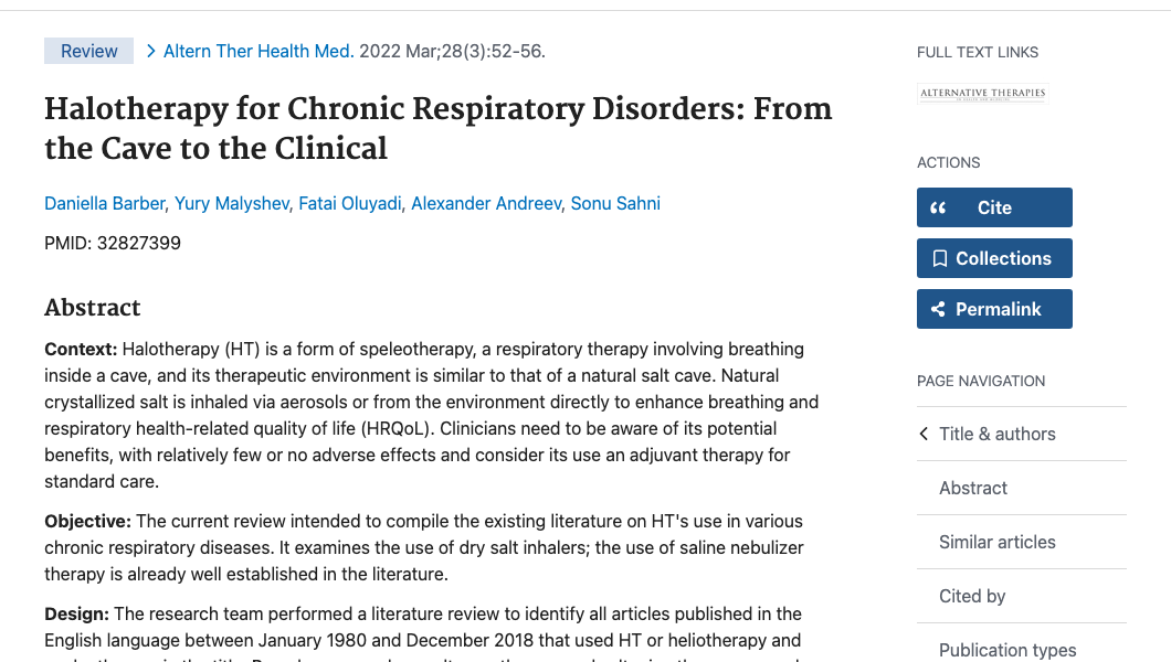 Title and abstract of Halotherapy for Chronic Respiratory Disorders: From the Cave to the Clinical.