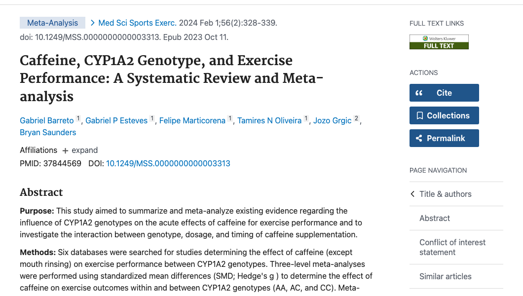Title and abstract of Caffeine, CYP1A2 Genotype, and Exercise Performance: A Systematic Review and Meta-analysis.