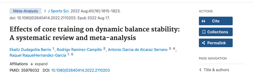 Title and abstract of Effects of core training on dynamic balance stability: A systematic review and meta-analysis.