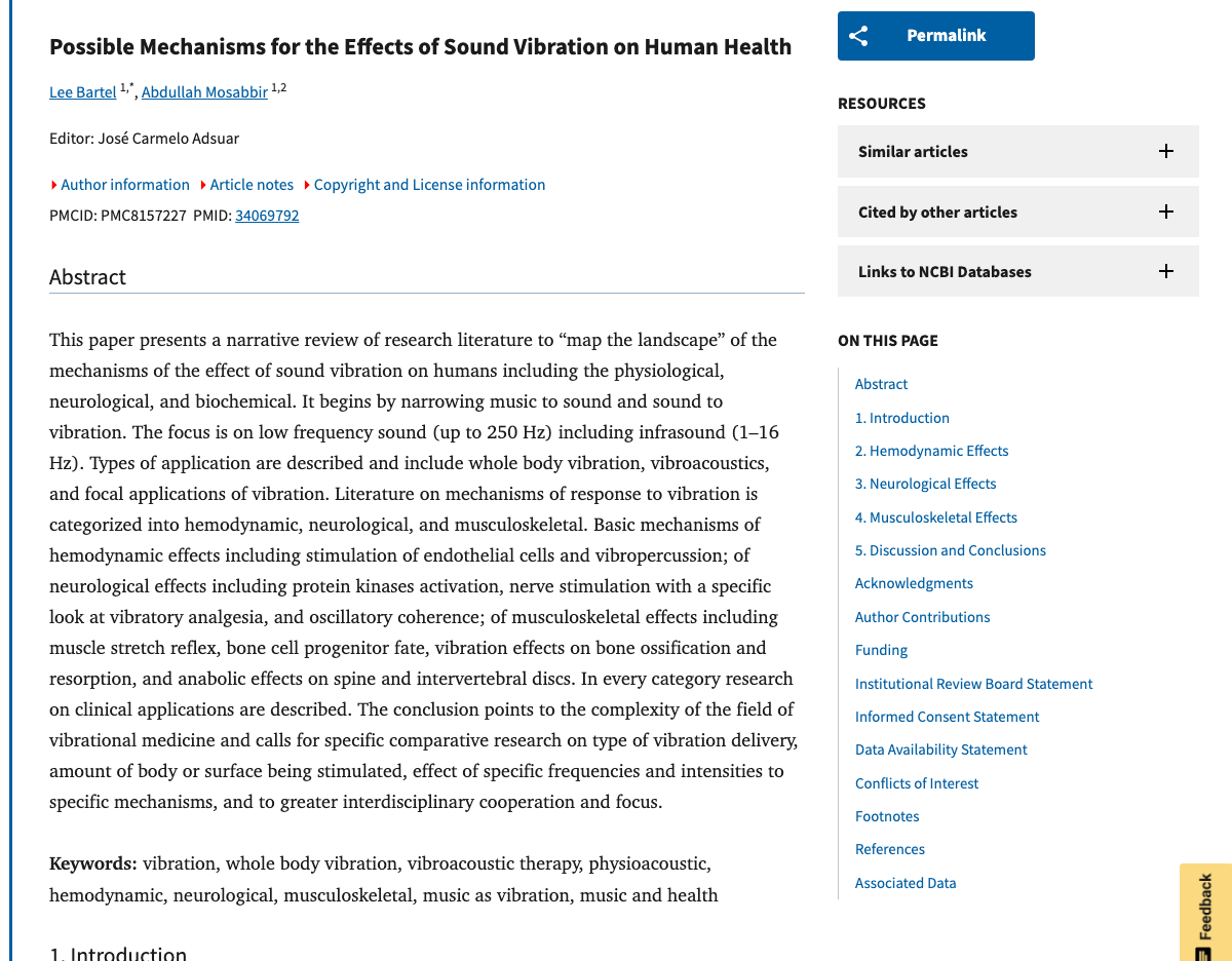 Title and abstract of Possible Mechanisms for the Effects of Sound Vibration on Human Health
