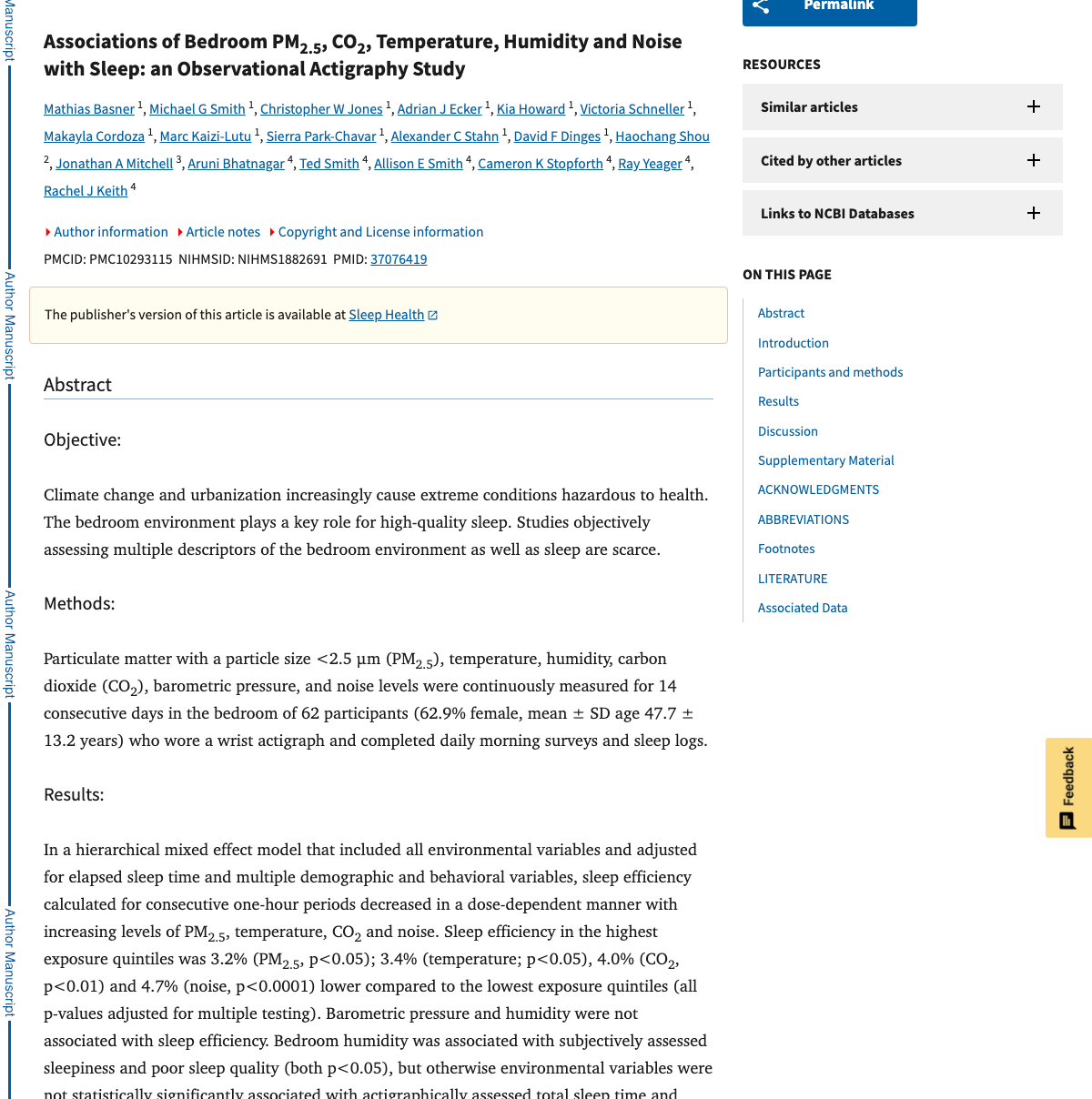 Title and abstract of Associations of bedroom PM2.5, CO2, temperature, humidity, and noise with sleep: An observational actigraphy study.