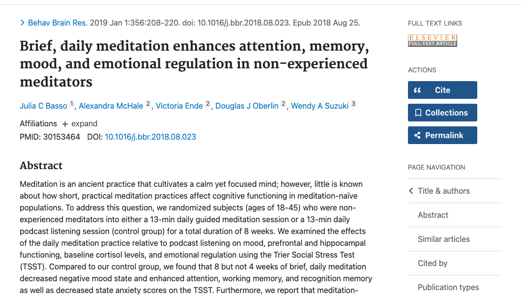 Title and abstract of Brief, daily meditation enhances attention, memory, mood, and emotional regulation in non-experienced meditators