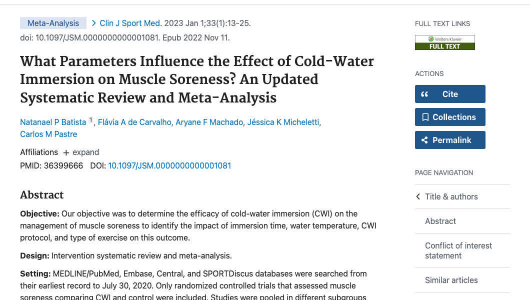 Title and abstract of What Parameters Influence the Effect of Cold-Water Immersion on Muscle Soreness? An Updated Systematic Review and Meta-Analysis.