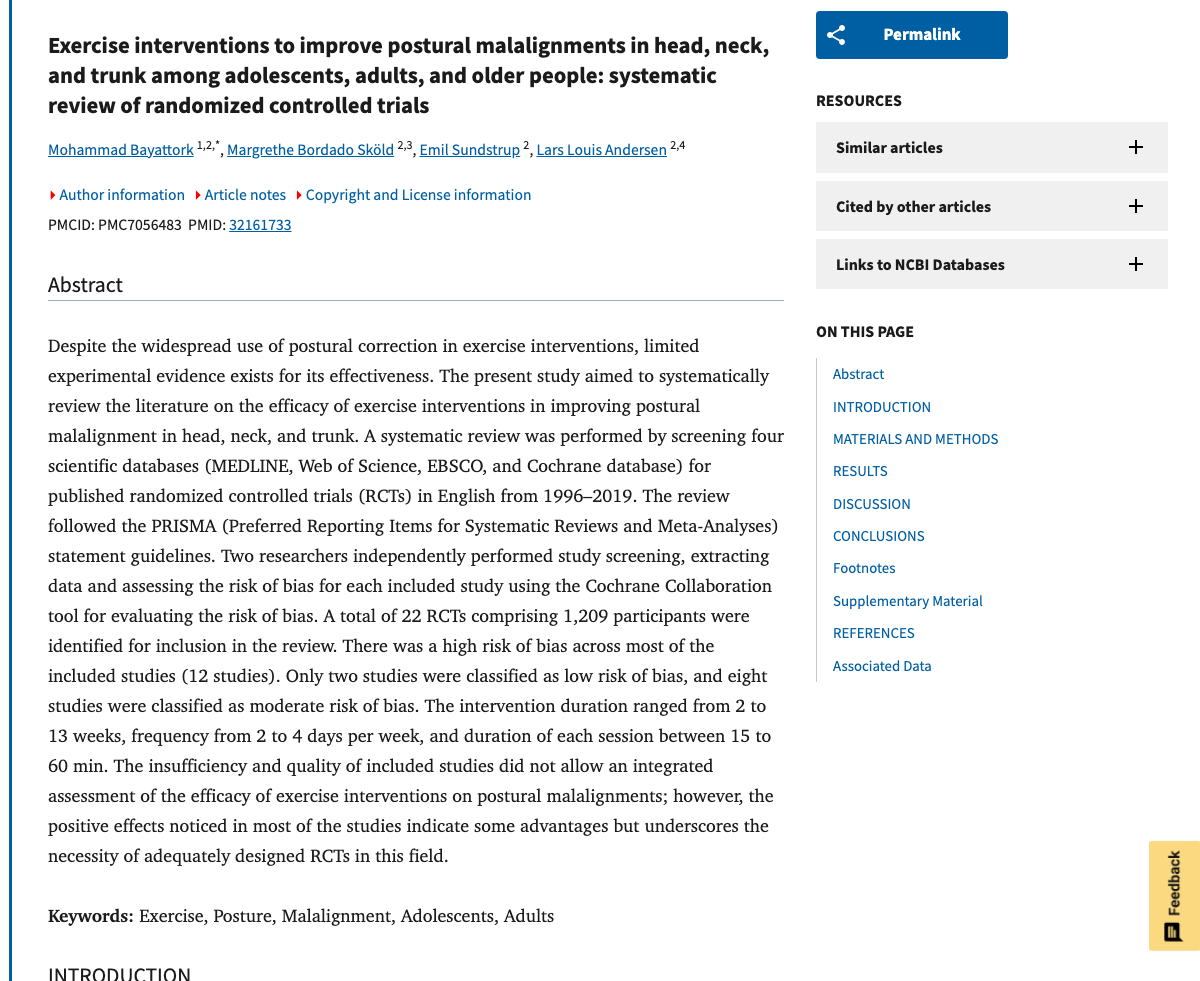 Title and abstract of Exercise interventions to improve postural malalignments in head, neck, and trunk among adolescents, adults, and older people: systematic review of randomized controlled trials.