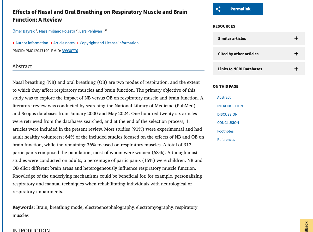 Title and abstract of Effects of Nasal and Oral Breathing on Respiratory Muscle and Brain Function: A Review.