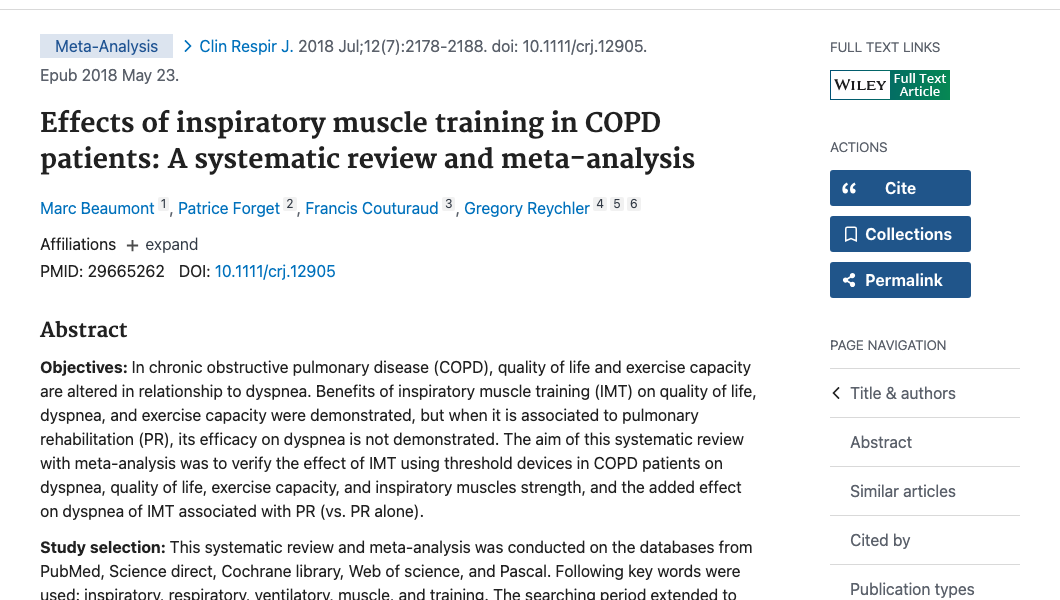 Title and abstract of Effects of inspiratory muscle training in COPD patients: A systematic review and meta-analysis.