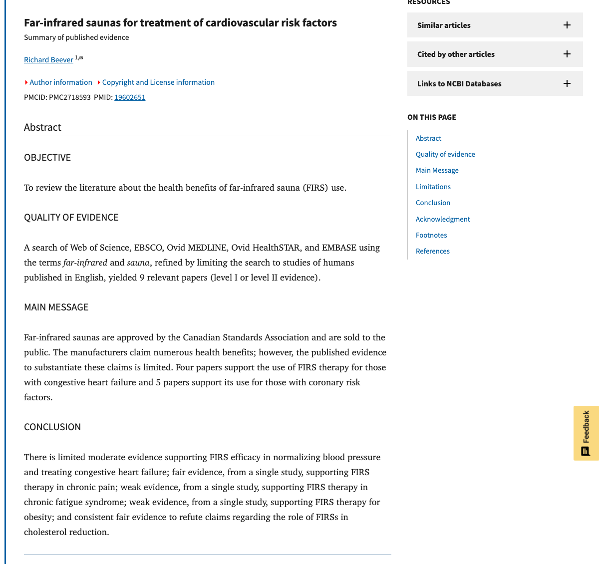 Title and abstract of Far-infrared saunas for treatment of cardiovascular risk factors: summary of published evidence.