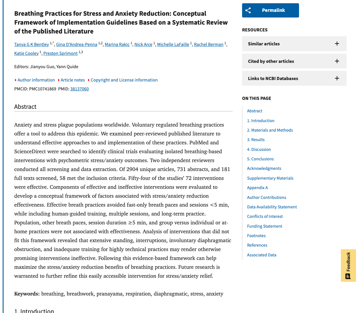 Title and abstract of Breathing Practices for Stress and Anxiety Reduction: Conceptual Framework of Implementation Guidelines Based on a Systematic Review of the Published Literature.