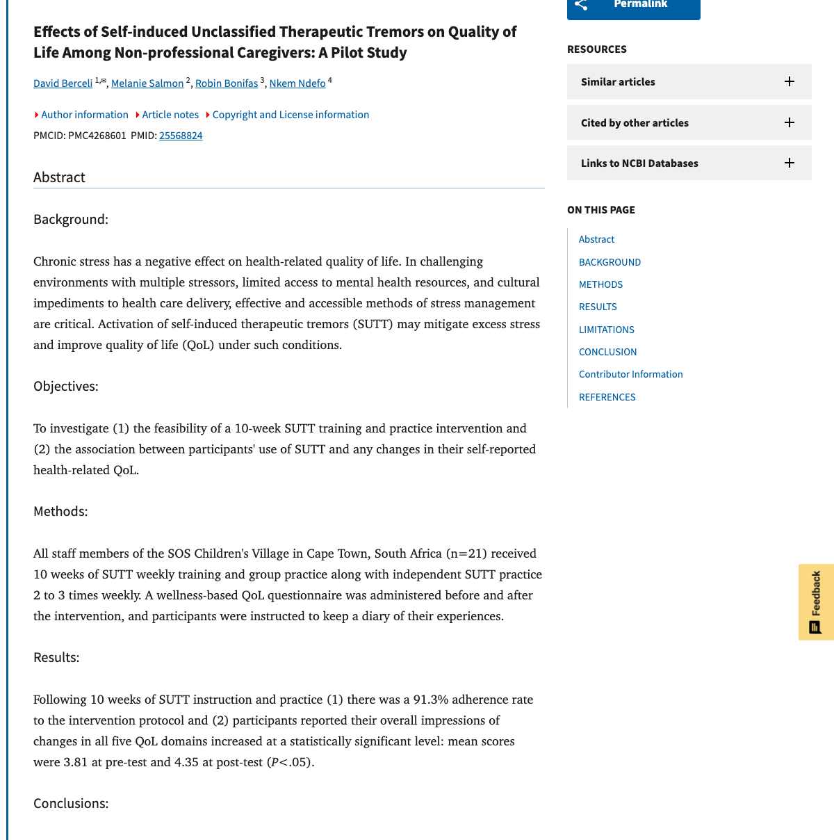 Title and abstract of Effects of Self-induced Unclassified Therapeutic Tremors on Quality of Life Among Non-professional Caregivers
