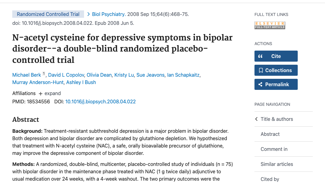 Title and abstract of N-acetyl cysteine for depressive symptoms in bipolar disorder--a double-blind randomized placebo-controlled trial