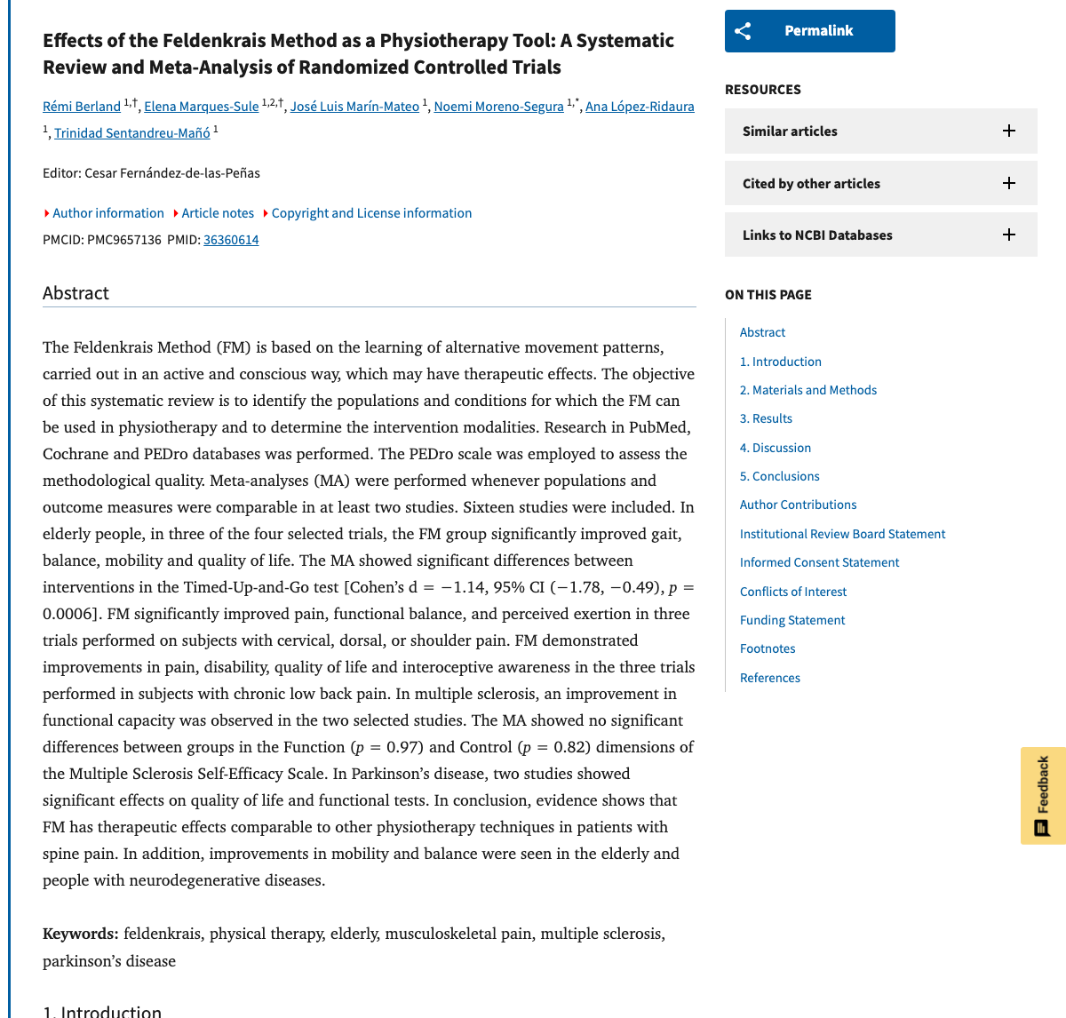 Title and abstract of Effects of the Feldenkrais Method as a Physiotherapy Tool: A Systematic Review and Meta-Analysis of Randomized Controlled Trials.