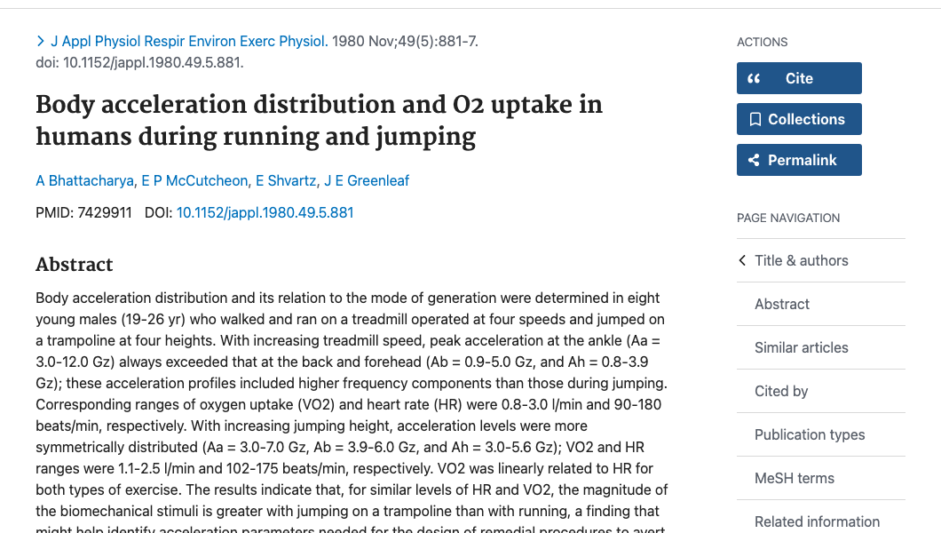Title and abstract of Body acceleration distribution and O2 uptake in humans during running and jumping