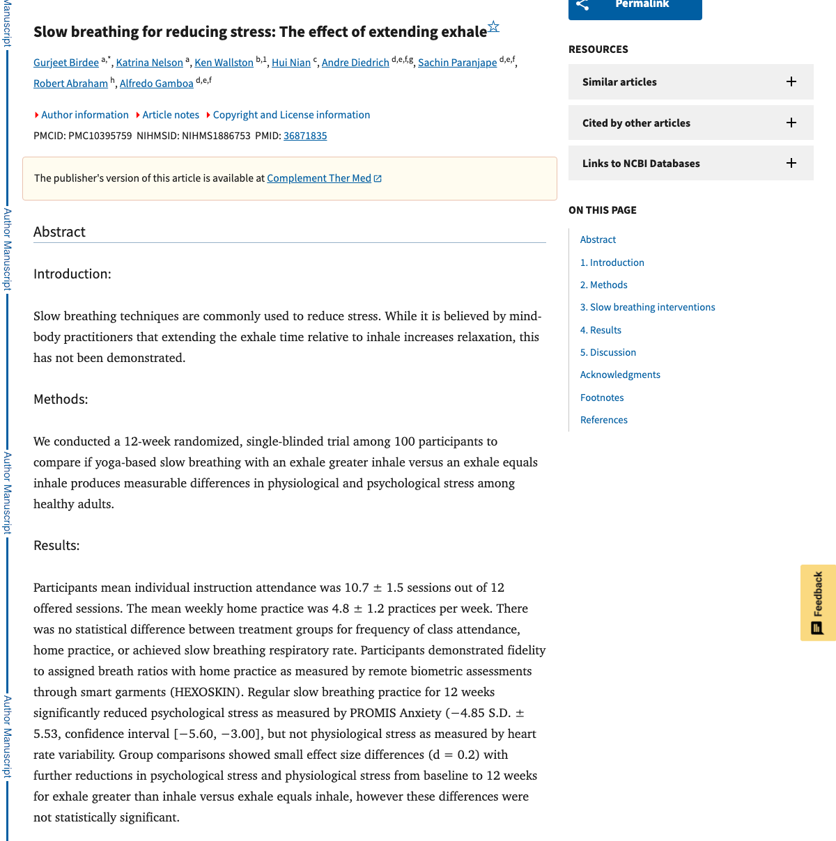 Title and abstract of Slow breathing for reducing stress: The effect of extending exhale.