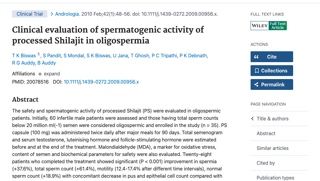 Title and abstract of Clinical evaluation of spermatogenic activity of processed Shilajit in oligospermia